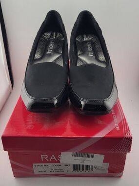 Rasolli Black Patent and Stretch Slip-On Low Chunky Heels 9 NIB